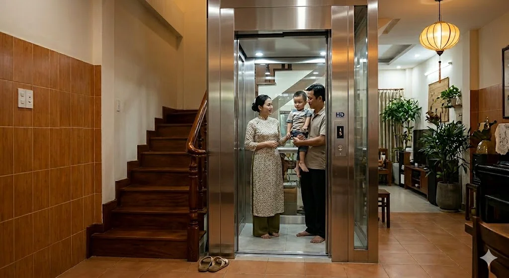 Không gian bên trong thang máy gia đình 250kg đủ chỗ cho hai người lớn và một trẻ em
