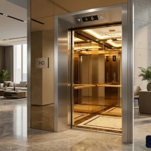 Tổng quan thang máy 8 người tải trọng 630kg với thiết kế cabin inox gương vàng sang trọng