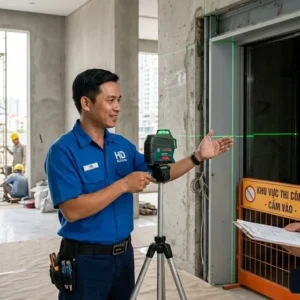Kỹ thuật viên Thang Máy HD đang tư vấn giải pháp lắp đặt thang máy 8 người cho khách hàng