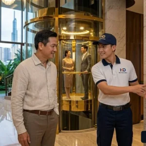 Kỹ thuật viên chuyên nghiệp đang tư vấn giải pháp thang máy biệt thự cho khách hàng