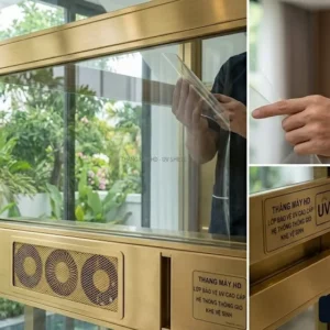Chi tiết vách kính và phim cách nhiệt UV trên thang máy biệt thự kính cao cấp