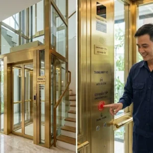 Kỹ thuật viên Thang Máy HD đang tư vấn vận hành thang máy biệt thự kính cho khách hàng