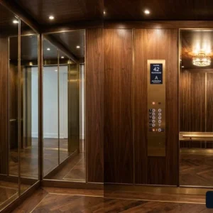 Thiết kế thang máy cabin gỗ kết hợp gương kính giúp mở rộng không gian buồng thang.