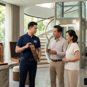 Chuyên gia Thang Máy HD tư vấn giải pháp lắp đặt thang máy cabin gỗ tại công trình.