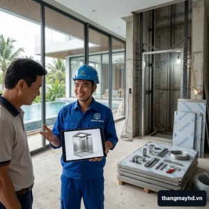 Kỹ thuật viên Thang Máy HD đang tư vấn lắp đặt thang máy cabin inox tại công trình