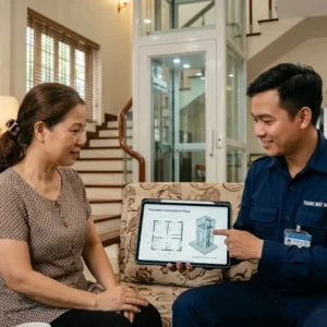 Chuyên gia Thang Máy HD đang tư vấn kỹ thuật lắp đặt thang máy cải tạo nhà cũ