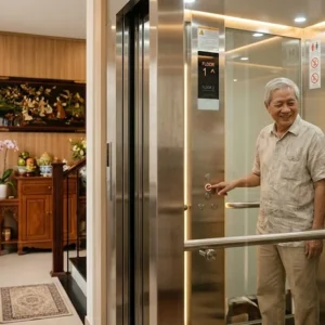 Người cao tuổi sử dụng thang máy gia đình 2 tầng an toàn và tiện lợi trong nhà phố
