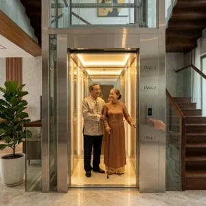 Lắp đặt thang máy gia đình 3 tầng giúp người cao tuổi di chuyển an toàn và tiện lợi.