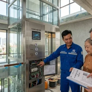 Kỹ thuật viên Thang Máy HD đang tư vấn lắp đặt thang máy gia đình 3 tầng.