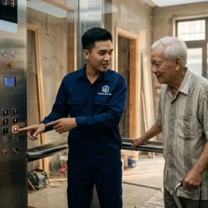 Kỹ thuật viên Thang Máy HD tư vấn giải pháp thang máy gia đình 350kg cho khách hàng.
