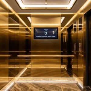 Nội thất cabin thang máy gia đình 5 tầng sang trọng với inox gương vàng đẳng cấp