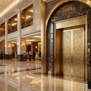 Mẫu thang máy khách sạn 1000kg sang trọng với cabin inox gương vàng Gold Titanium đẳng cấp.