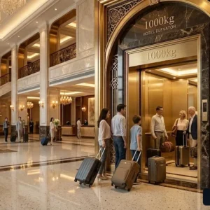 Không gian sảnh khách sạn hiện đại sử dụng thang máy khách sạn 1000kg tải trọng 15 người.