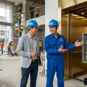 Kỹ thuật viên Thang Máy HD đang tư vấn kỹ thuật lắp đặt thang máy khách sạn 1000kg.