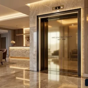 Tổng quan mẫu thang máy khách sạn 450kg sang trọng với cabin inox gương vàng tinh tế