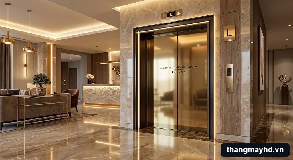 Tổng quan mẫu thang máy khách sạn 450kg sang trọng với cabin inox gương vàng tinh tế Tổng quan mẫu thang máy khách sạn 450kg sang trọng với cabin inox gương vàng tinh tế