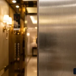 Chi tiết vật liệu inox gương vàng và inox sọc nhuyễn của thang máy khách sạn 450kg