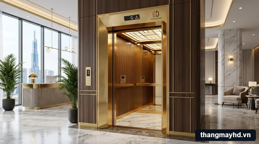 Mẫu thang máy khách sạn 800kg sang trọng với thiết kế inox gương vàng và sàn đá cao cấp. Mẫu thang máy khách sạn 800kg sang trọng với thiết kế inox gương vàng và sàn đá cao cấp.