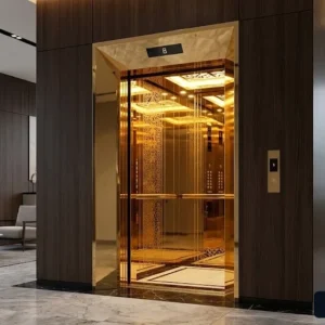 Tổng quan mẫu thang máy khách sạn cabin inox mạ vàng gương sang trọng đẳng cấp
