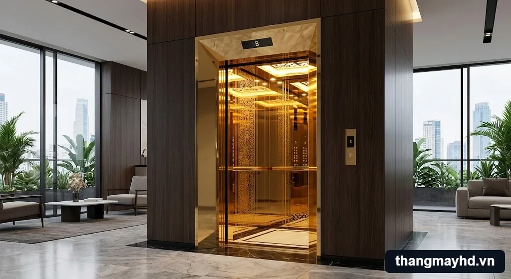 Tổng quan mẫu thang máy khách sạn cabin inox mạ vàng gương sang trọng đẳng cấp Tổng quan mẫu thang máy khách sạn cabin inox mạ vàng gương sang trọng đẳng cấp