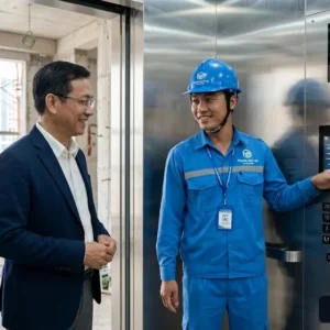 Kỹ thuật viên tư vấn giải pháp lắp đặt thang máy khách sạn cabin inox tại công trình