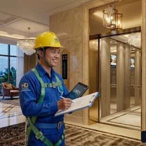 Kỹ thuật viên tư vấn giải pháp lắp đặt thang máy khách sạn tải khách cho khách hàng.