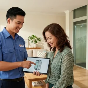 Chuyên gia kỹ thuật tư vấn giải pháp lắp đặt thang máy không hố pit cho khách hàng tại công trình
