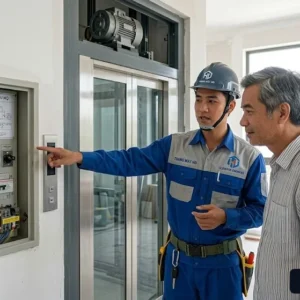 Kỹ thuật viên tư vấn giải pháp cứu hộ an toàn của thang máy không phòng máy