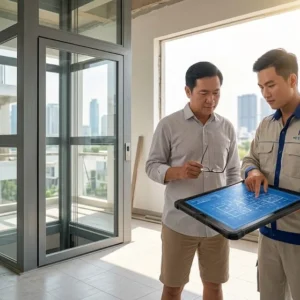 Chuyên gia Thang Máy HD đang tư vấn giải pháp lắp đặt thang máy kính 250kg cho khách hàng
