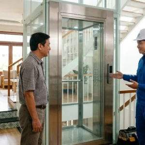 Kỹ thuật viên Thang Máy HD tư vấn giải pháp thang máy kính 300kg cho khách hàng