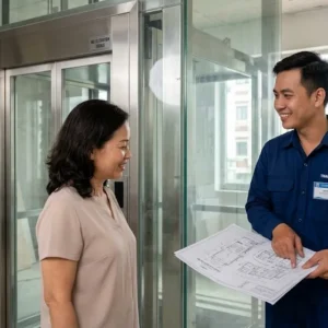 Chuyên gia kỹ thuật tư vấn lắp đặt thang máy kính 350kg trực tiếp tại công trình cho khách