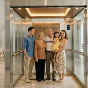 Thang máy kính 450kg với không gian cabin rộng rãi phù hợp cho gia đình đa thế hệ