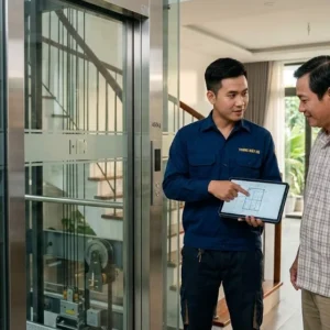 Kỹ thuật viên chuyên nghiệp đang tư vấn giải pháp lắp đặt thang máy kính 450kg thực tế
