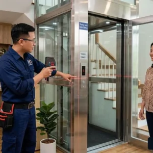 Kỹ thuật viên Thang Máy HD tư vấn giải pháp lắp đặt Thang máy mini 200kg tại công trình