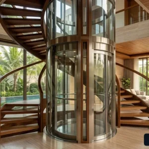 Tổng quan mẫu thang máy thủy lực vách kính sang trọng lắp đặt cho biệt thự hiện đại