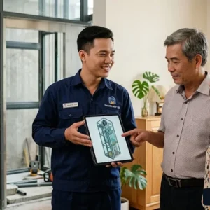 Chuyên gia Thang Máy HD đang tư vấn kỹ thuật lắp đặt thang máy thủy lực cho khách hàng
