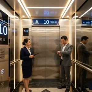 Không gian nội thất cabin thang máy tòa nhà 10 tầng tải trọng 630kg tiêu chuẩn hiện đại