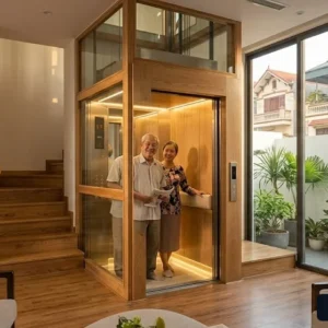 Gia đình người cao tuổi sử dụng thang máy tòa nhà 2 tầng tiện lợi an toàn