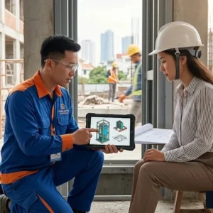 Kỹ thuật viên tư vấn giải pháp lắp đặt thang máy tòa nhà 2 tầng cho khách hàng
