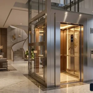 Mẫu thang máy tòa nhà 3 tầng hiện đại sang trọng với cabin kính và inox cao cấp