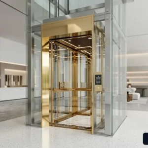 Mẫu thang máy tòa nhà 4 tầng hiện đại với thiết kế cabin inox gương vàng sang trọng tại showroom