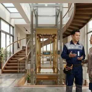 Chuyên gia kỹ thuật đang tư vấn giải pháp lắp đặt thang máy tòa nhà 4 tầng cho khách hàng
