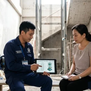 Chuyên gia HD tư vấn kỹ thuật thang máy tòa nhà 5 tầng trực tiếp tại công trình