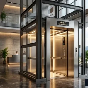 Mẫu thang máy tòa nhà 7 tầng thiết kế sang trọng với cabin inox gương vàng tinh tế