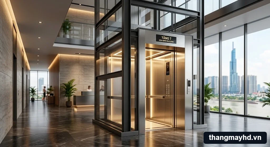 Mẫu thang máy tòa nhà 7 tầng thiết kế sang trọng với cabin inox gương vàng tinh tế Mẫu thang máy tòa nhà 7 tầng thiết kế sang trọng với cabin inox gương vàng tinh tế