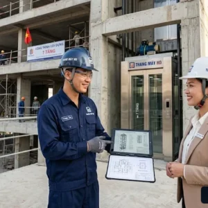 Kỹ thuật viên Thang Máy HD đang tư vấn giải pháp lắp đặt thang máy tòa nhà 7 tầng