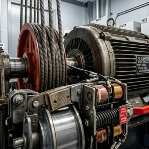 Chi tiết động cơ không hộp số và công nghệ vận hành êm ái của thang máy tòa nhà văn phòng.