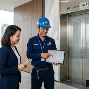 Chuyên gia kỹ thuật đang tư vấn giải pháp lắp đặt thang máy tòa nhà văn phòng cho khách hàng.