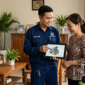 Kỹ thuật viên Thang Máy HD tư vấn giải pháp lắp đặt thang máy trục vít cho khách hàng