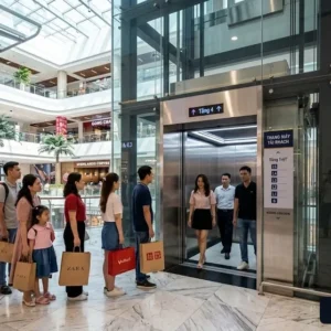 Mẫu thang máy trung tâm thương mại tải khách tiêu chuẩn lắp đặt tại sảnh chính siêu thị